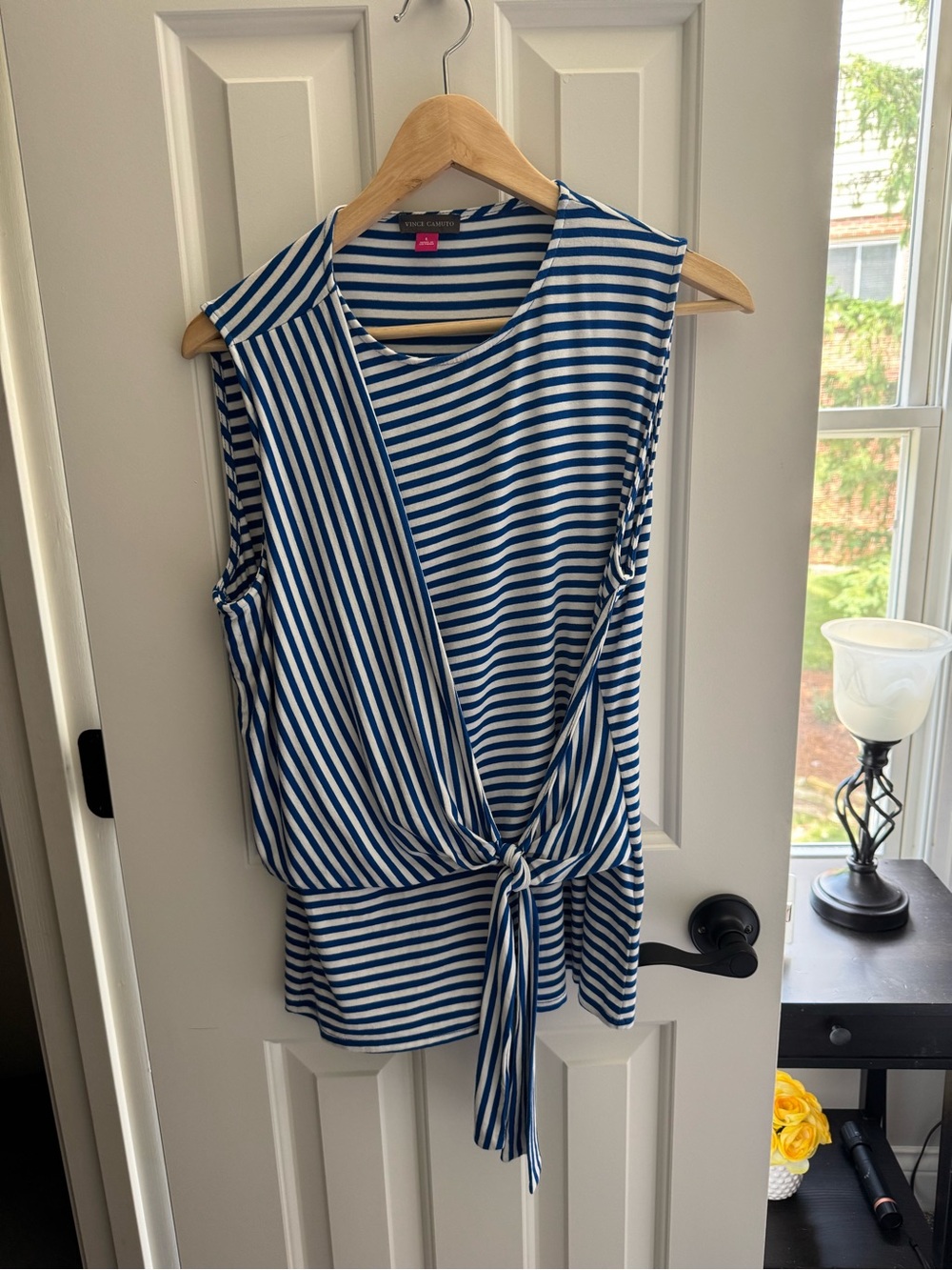 Vince Camuto Blue and White Striped Tie-Front Tank